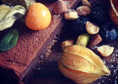 chocolate brownie with hazelnut and physalis